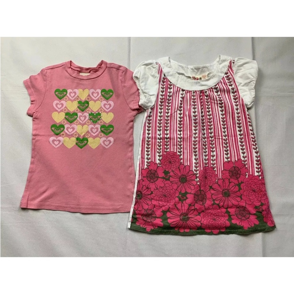Roxy Girls Top Lot of Two Shortsleeves Pink White Hearts Floral Cotton - S/L